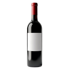 A bottle of red wine with a white label on the front, transparent background