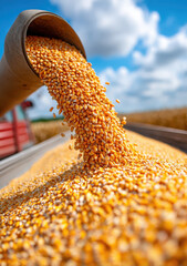 A harvester pouring golden corn kernels into a collecting truck under clear skies