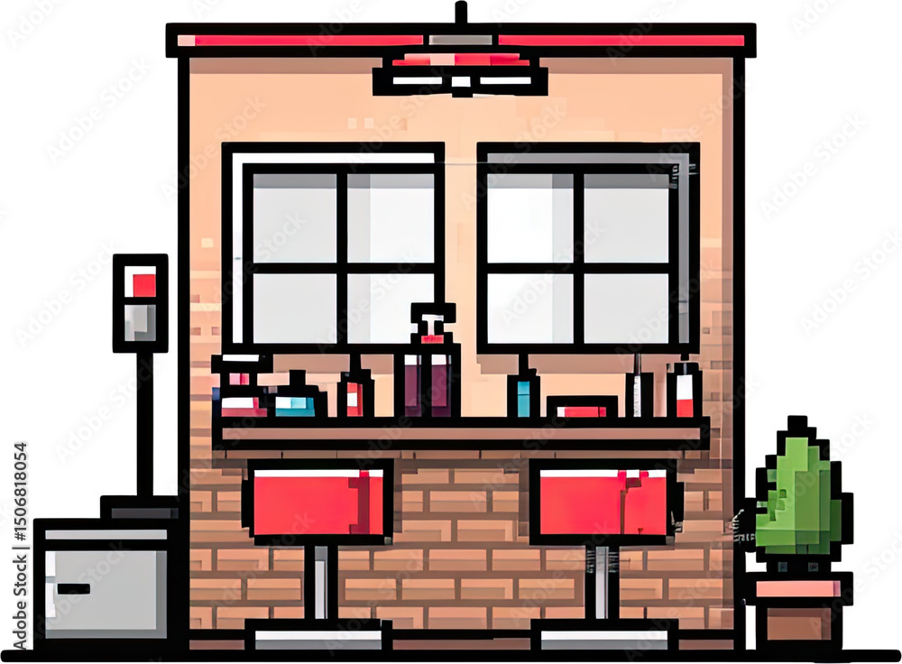 Poster pixelated depiction of a small, brick-walled building with a counter and windows.