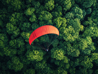 Paraglider soaring above a vibrant green forest landscape during daytime