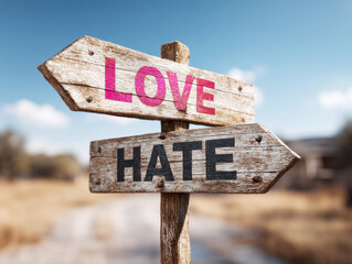 Signpost showing directions for love and hate in a rural landscape