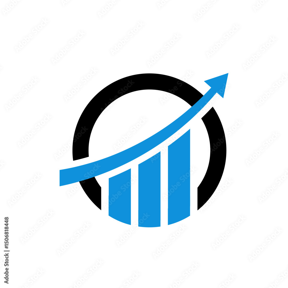 Poster stylized bar graph with three ascending columns enclosed within a circle. an arrow curves upwards an