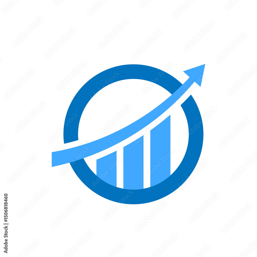 Aufkleber stylized bar graph with three ascending columns enclosed within a circle. an arrow curves upwards an