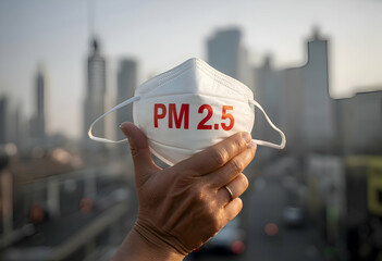 Hand Holding PM2.5 Face Mask Against City Skyline Background