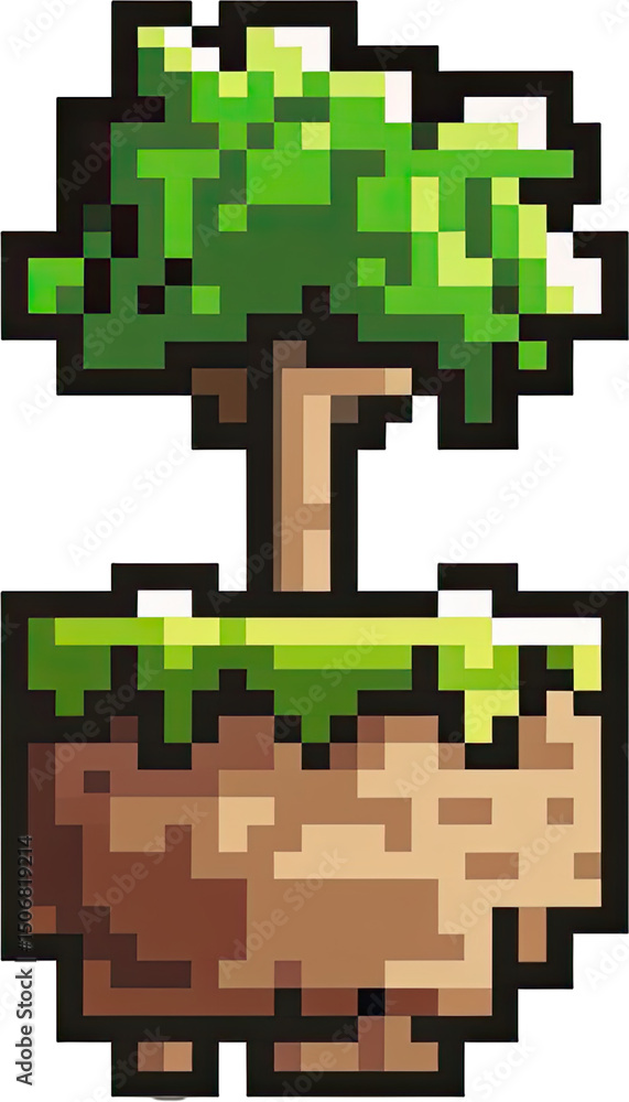 Poster pixelated tree growing from a pixelated block of dirt.