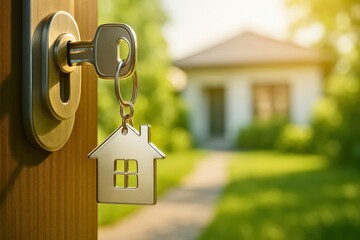 House Key in Door Lock with Home in Background on Sunny Day