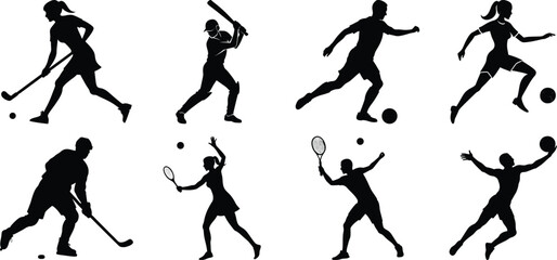 Sportsman various sports activities silhouette set. vector collection on transparent background