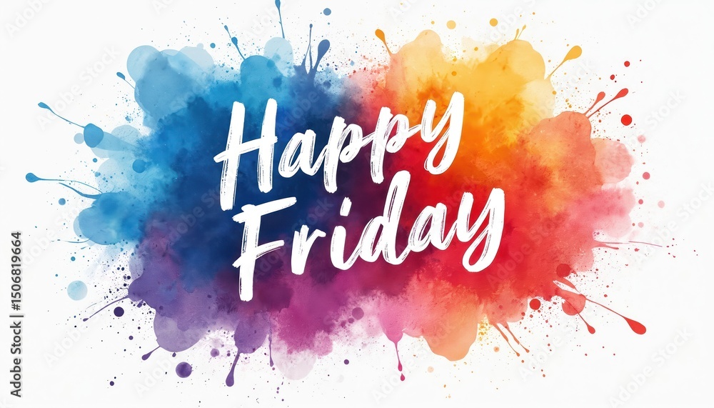 Poster illustration with happy friday text on watercolor splash. colorful abstract design with modern calli