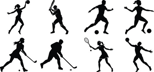 Naklejka premium Sportsman various sports activities silhouette set. vector collection on transparent background