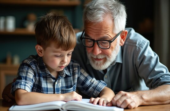 Grandfather helps grandson with homework. Both read book, close-up indoor shot. Elderly man in glasses supports grandson. Intimate moment of family connection during learning, education and teaching.