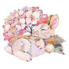 Cute beige bunny sleeping in a bouquet of blooming pink hydrangeas delicate floral arrangement soft pastel colors adorable gentle nature scene isolated on white background watercolor illustration