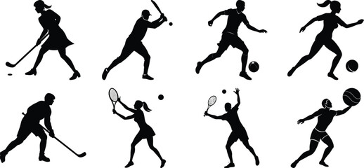Sportsman various sports activities silhouette set. vector collection on transparent background