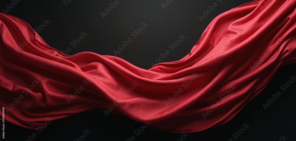 Poster red fabric gracefully flows against black background. wavy textile with pleated texture, silk materi