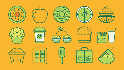 Collection of Food and Kitchenware Icons in Green and Yellow