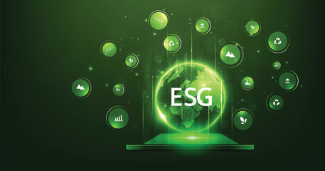Environmental Social and Governance (ESG) concept.The company development of a nature conservation strategy and Solving environmental, social and management problems with figure icons.