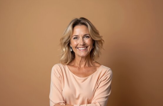 Portrait of beautiful middle-aged woman smiling at camera. Blond hair, positive emotions, happy face with cheerful expression. Confident female in forties against neutral brown background. Ideal for