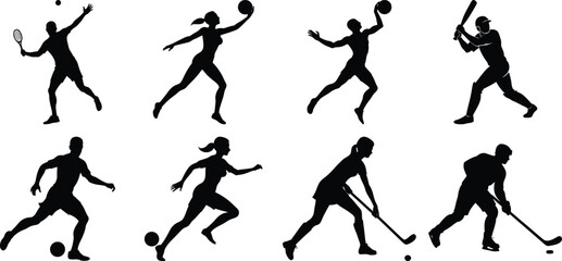Sportsman various sports activities silhouette set. vector collection on transparent background
