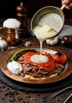 Traditional Turkish cuisine food iskender kebab with melted butter, sauce, pita bread, tomato, pepper and yogurt.