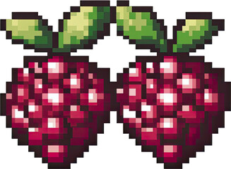 Two pixelated raspberries with leaves.