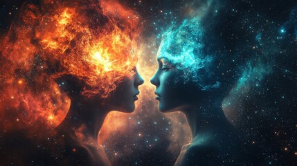 Two profiles with cosmic energy and vibrant colors representing creativity.