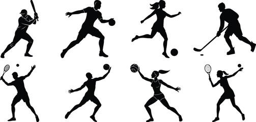 Sportsman various sports activities silhouette set. vector collection on transparent background