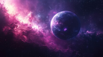 Vibrant galaxy scene with a planet surrounded by colorful cosmic clouds.
