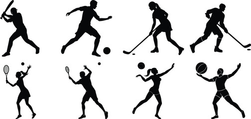 Sportsman various sports activities silhouette set. vector collection on transparent background