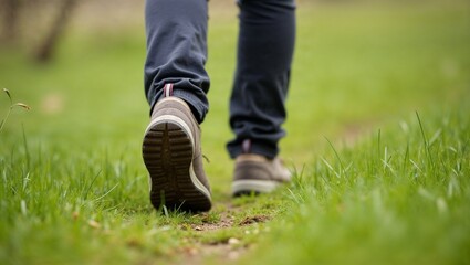 Close-Up of Hiking Shoes Walking on Green Grass Trail – Outdoor Adventure Concept


