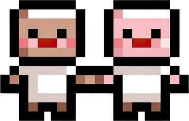 Two pixelated characters holding hands.