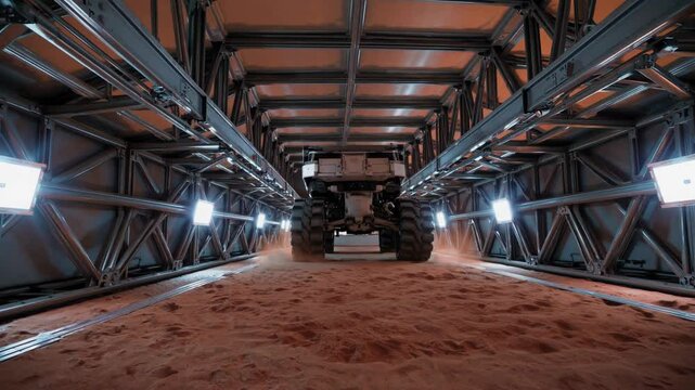 Martian rover exploring red planet tunnel leaving dust trail