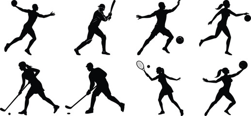 Sportsman various sports activities silhouette set. vector collection on transparent background