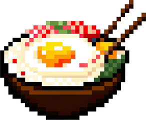 Obraz premium Pixelated dish of food with egg and garnish.