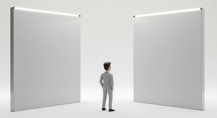 Fototapeta premium Businessman Facing Two Illuminated Walls, Contemplating a Decisi