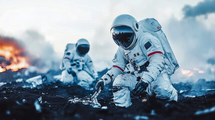 Fototapeta premium Lunar Exploration: Astronauts on a desolate planet examining debris after a crash, facing challenge and uncertainty