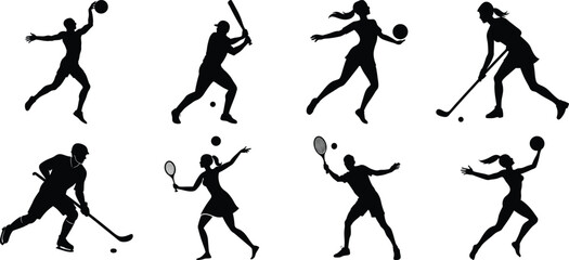 Sportsman various sports activities silhouette set. vector collection on transparent background