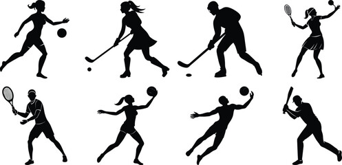 Sportsman various sports activities silhouette set. vector collection on transparent background