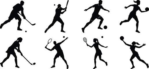 Sportsman various sports activities silhouette set. vector collection on transparent background
