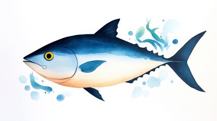 Delicate Watercolor Painting of a Tuna Fish Swimming Gracefully in Aquatic Environment