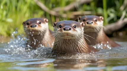Playful River Otters Swimming Together in Clear Freshwater Habitat