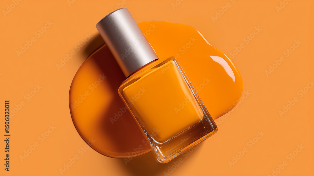 Poster this setting features a vibrant orange gel nail polish bottle resting on a slick pool of matching po
