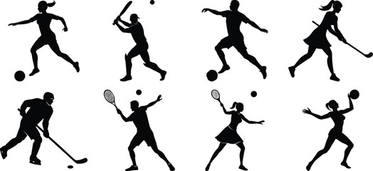 Sportsman various sports activities silhouette set. vector collection on transparent background