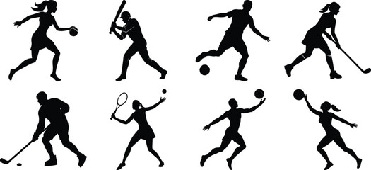 Sportsman various sports activities silhouette set. vector collection on transparent background