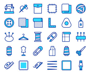 Sewing and Handicraft Line Icons Set. Thin line vector illustration of tailoring, knitting, fabric, needle, thread, mannequin, sewing machine, and clothing pattern outline pictogram collection
