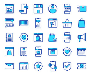 E-commerce & Online Shopping Icons Set: Digital Marketing, Retail, Payment, Delivery & Customer Service Symbols. Editable Vector for UI UX