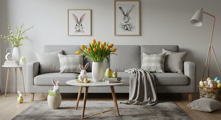 Easter Decoration with Sofa, Tulips, and Bunny Figurines