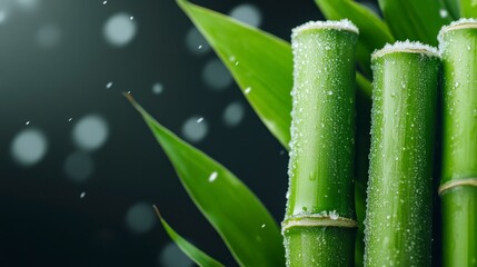 Obraz premium Frosted Bamboo Stalks Surrounded by Lush Green Leaves Against a Soft Focus Background