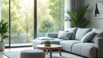 Modern living room with large window, cozy grey sofa. Interior design features round table with plant. Beautiful apartment with natural light, green outside, minimalist style.