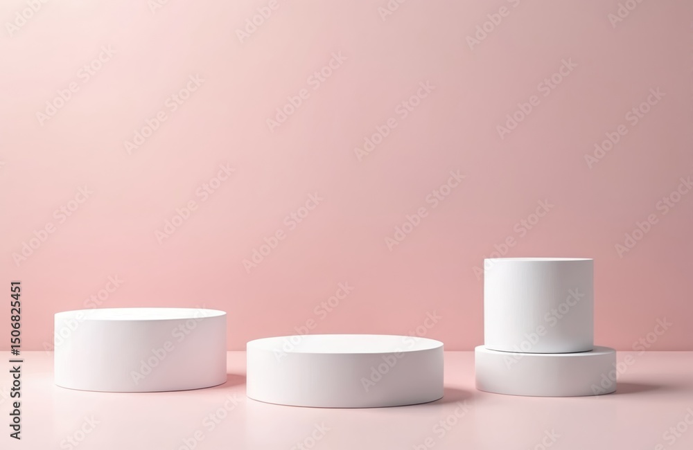 Poster minimalist white podiums display products on pink background. three round empty platforms for presen