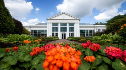 The Peoples Palace and Winter Gardens Surrounded by Vibrant Blooms and Expansive Greenery in a Clear Sky