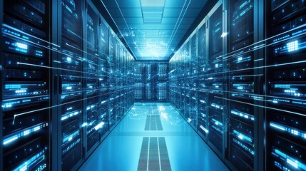 Obraz premium Futuristic Data Center: High-Tech Server Room with Network Connections and Digital Data Streams